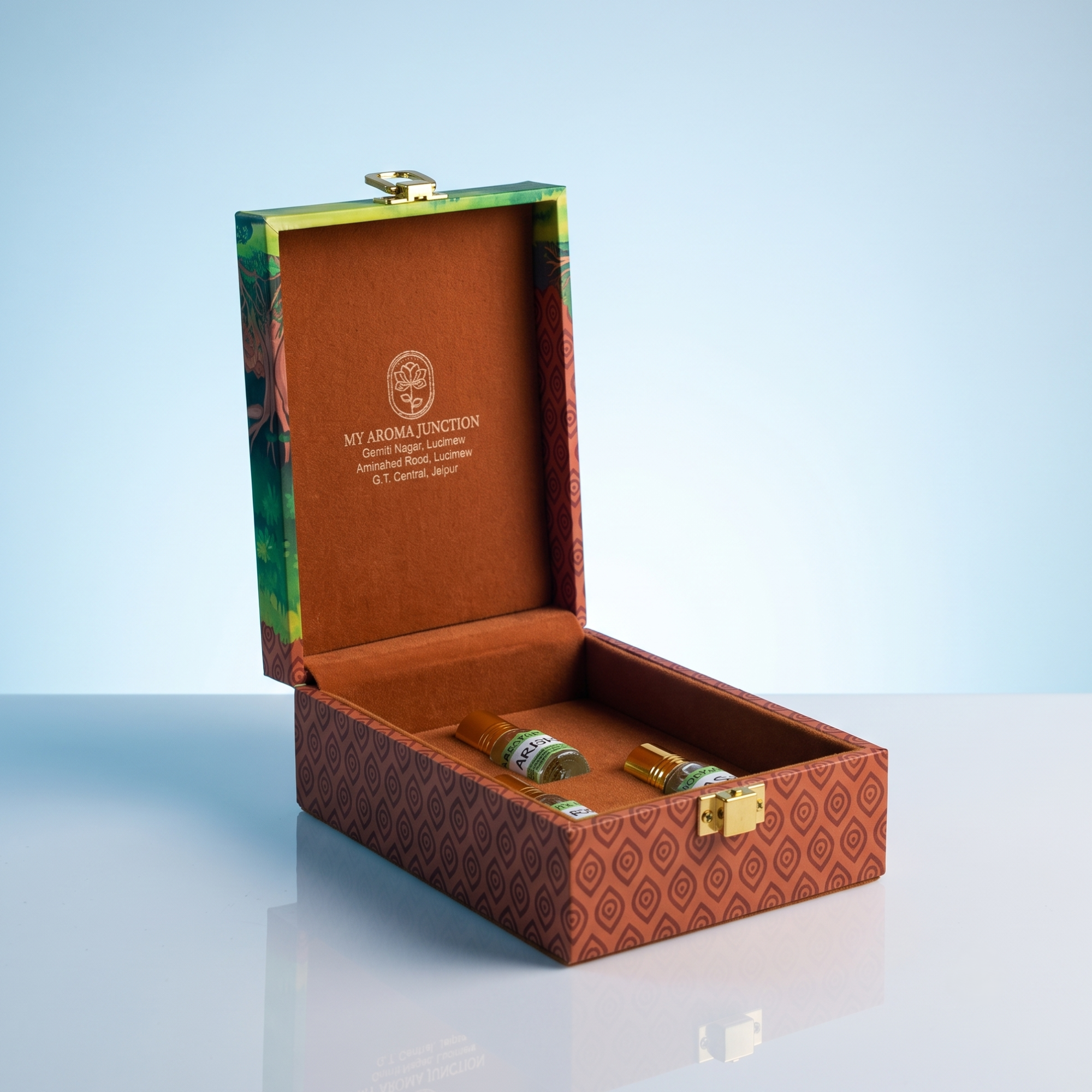 Open 3 × 3ML attar gift box by MY AROMA JUNCTION showing three attar bottles